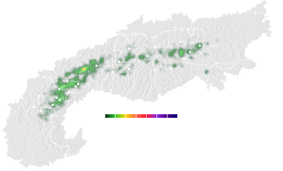 Snow accumulation forecast map for the Alps