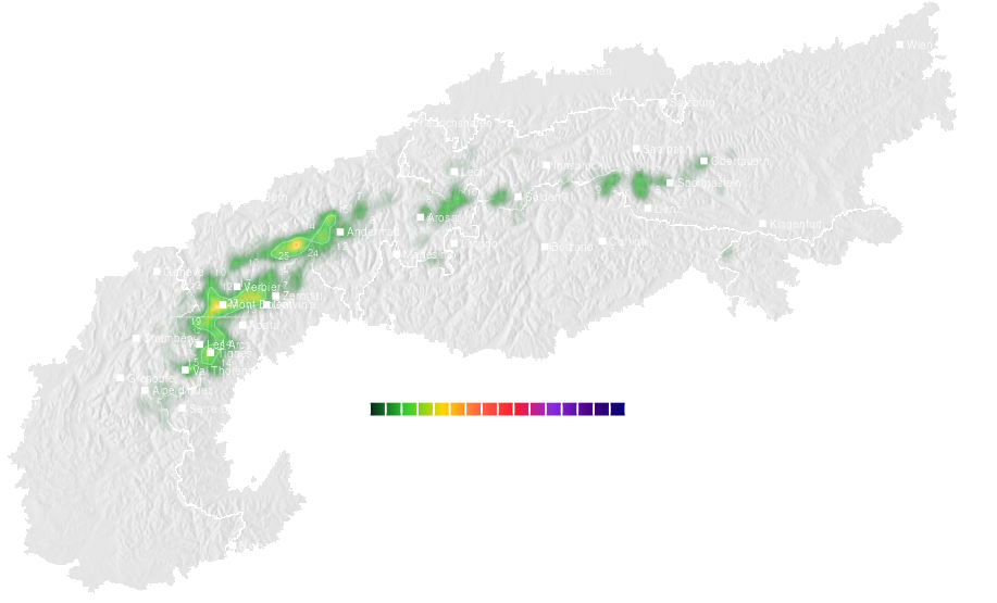Snow accumulation forecast map for the Alps