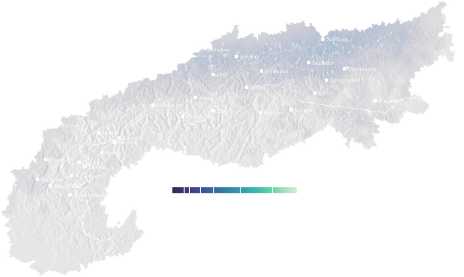 Precipitation forecast map for the Alps for Wed, Oct 28