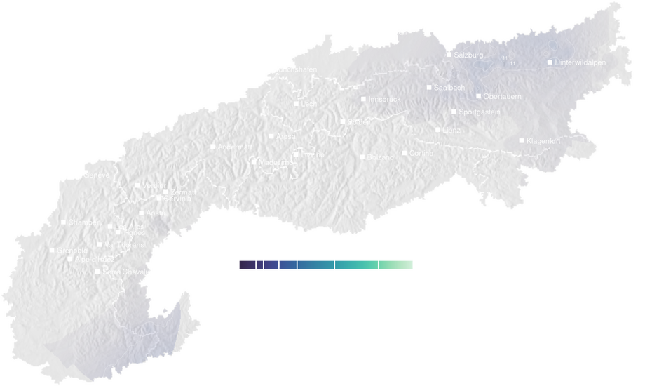 Precipitation forecast map for the Alps for Tue, Oct 13
