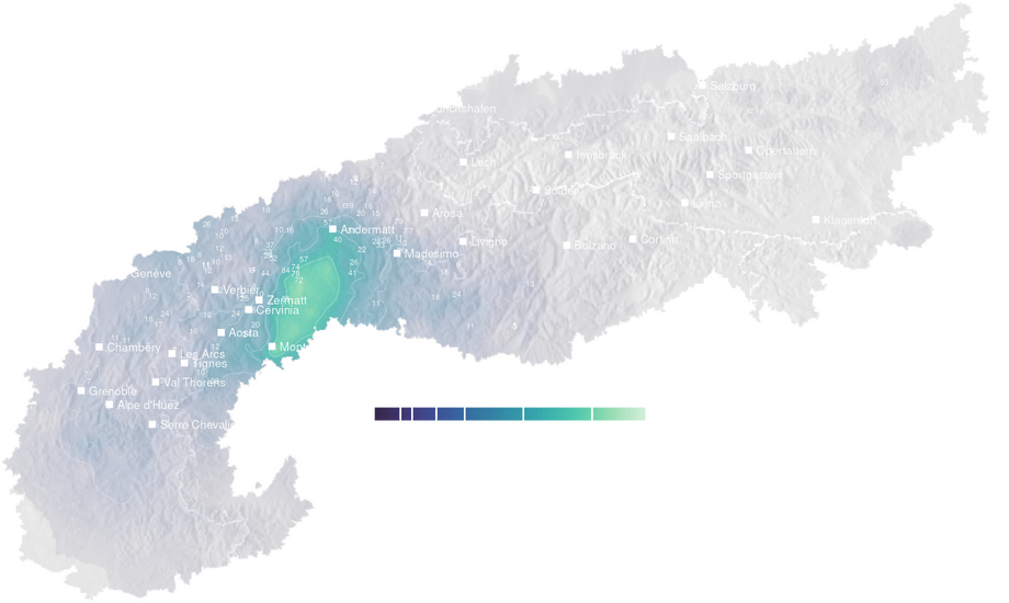 Precipitation forecast map for the Alps for Sun, Oct 18