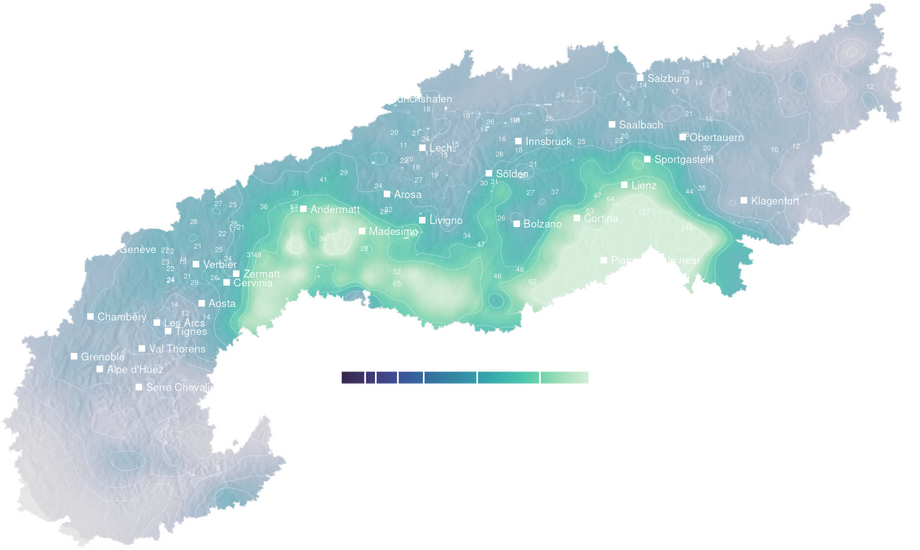 Precipitation forecast map for the Alps for Wed, Oct 21