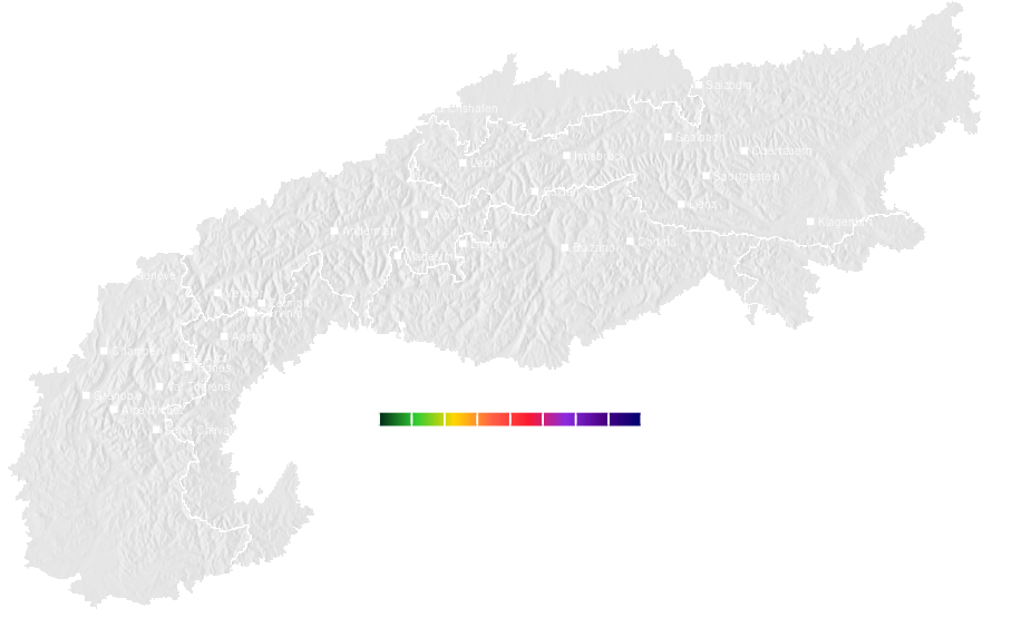 Snow accumulation forecast map for the Alps