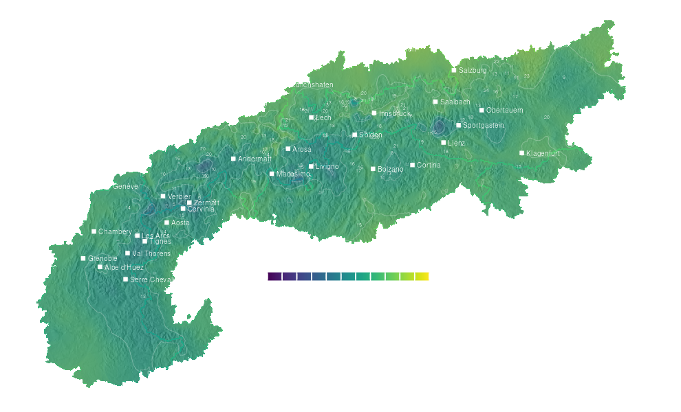 Temperature forecast map for the Alps for Fri, Oct 2
