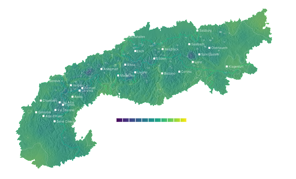 Temperature forecast map for the Alps