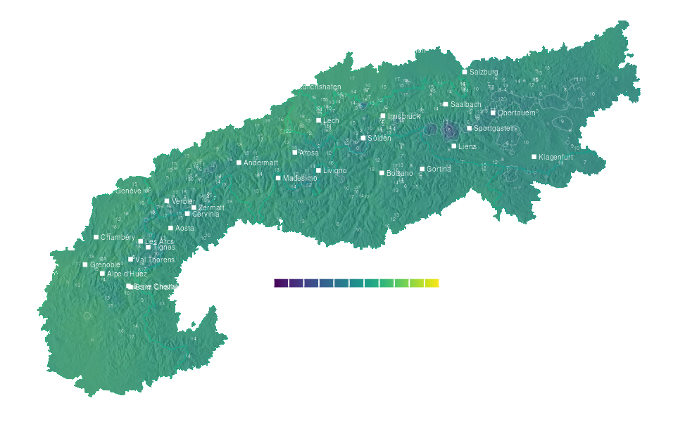 Temperature forecast map for the Alps for Tue, Oct 27