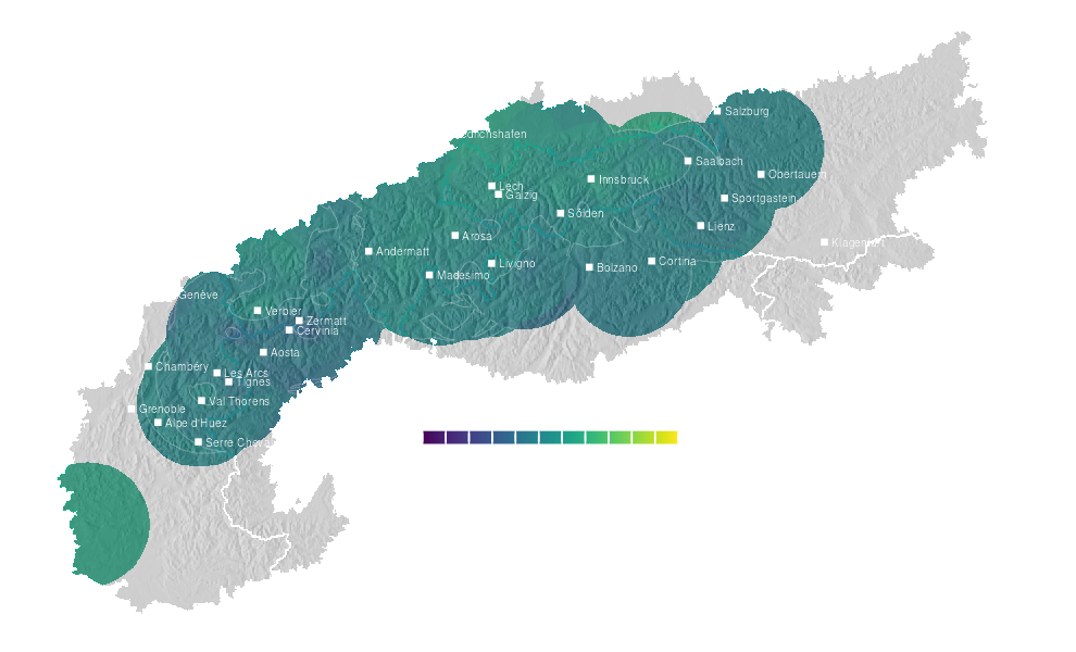 Temperature forecast map for the Alps for Tue, Sep 29