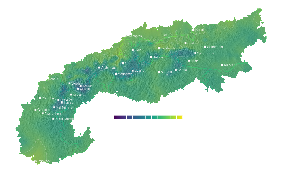 Temperature forecast map for the Alps for Wed, Sep 30