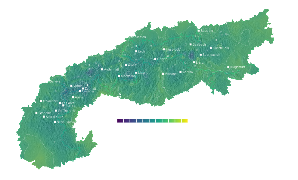 Temperature forecast map for the Alps for Sun, Oct 4