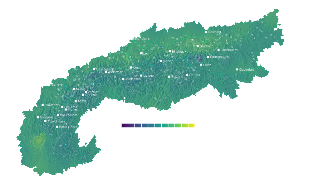Temperature forecast map for the Alps for Tue, Oct 20